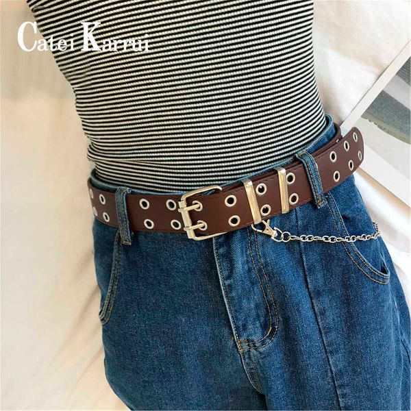 

designer catei karrui double grommet belt for women genuine leather new punk style fashion pin bule jeans decorative belt, Black;brown