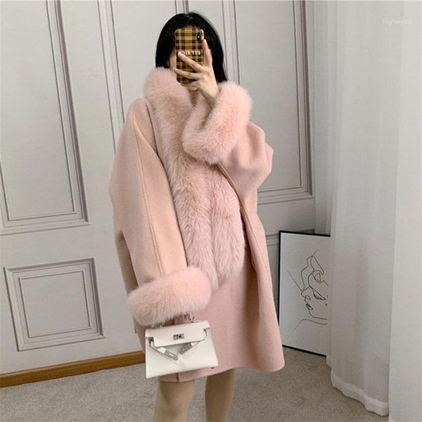 

2020 spring warm loose wool blended coat with real fur scarf and cuff female spring oversized outwear jacket ladies fashion1, Black