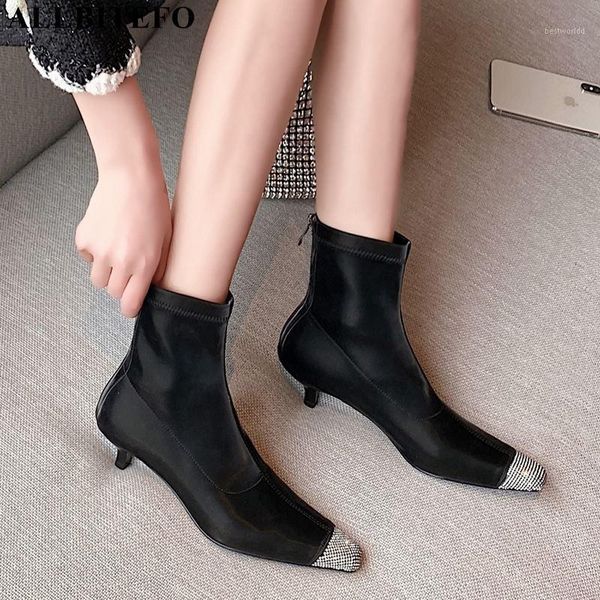 

boots allbitefo rhinestone toe high heels wedding women square thin office ladies shoes ankle for women1, Black