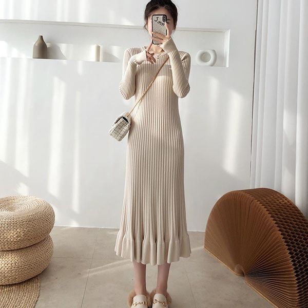 

one-piece 2021 new korean style spring autumn chic dress french with base knitting dress o-neck sweet elegant temperament, Black;gray
