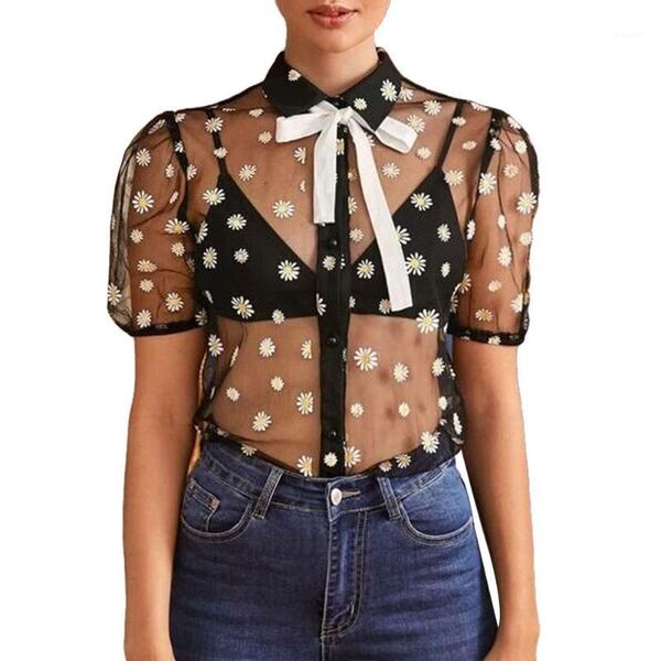 

women mesh blouse 2021 black sheer button down shirt short sleeve daisy pattern lapel see through chiffon blouse1, White