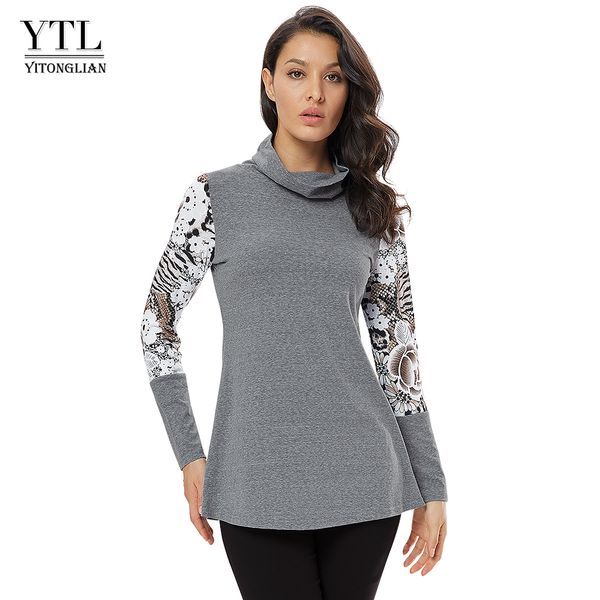 

ytl womens long sleeve turtlenecks pullover ladies for autumn winter printed patchwork loose layered tunic t-shirt h258 201125, White