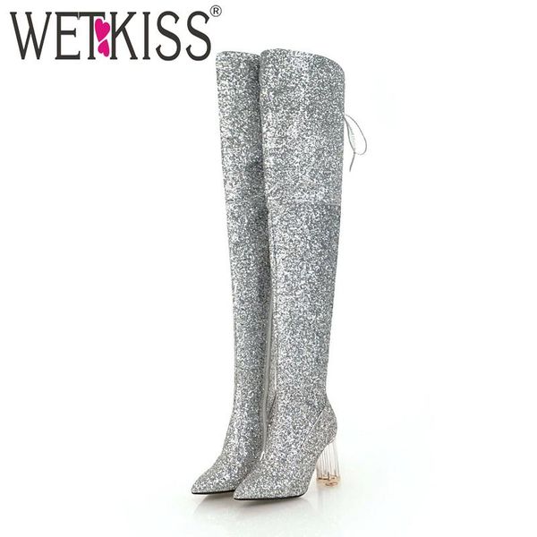 

wetkiss sequined cloth women boots lace up footwear transparent unusual high heels female boot over the knee shoes woman winter, Black