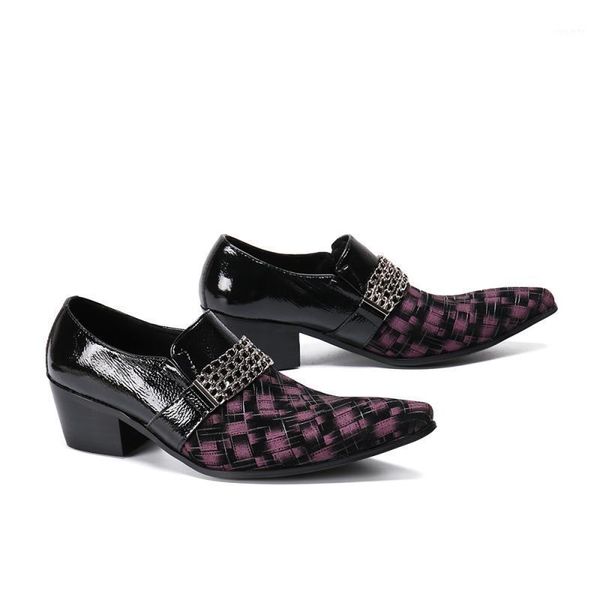 

men's high heel wedding dress shoes men trendy chain pointed toe slip on genuine leather height increase man shoes size 37-461, Black