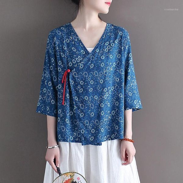 

johnature women summer vintage print floral shirts cotton linen blouses 2020 new blue v-neck seven sleeve female button shirts1, White