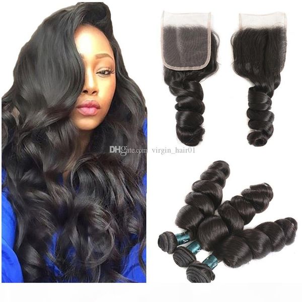 

loose wave human hair weaves with lace closure peruvian virgin hair extensions 3pcs with lace closure loose deep wave bundles, Black;brown
