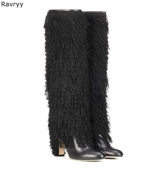 

cool fringe woman long boots black leather faux fur female knee-high boot motorcycle boot 2020 autumn winter party show shoes1