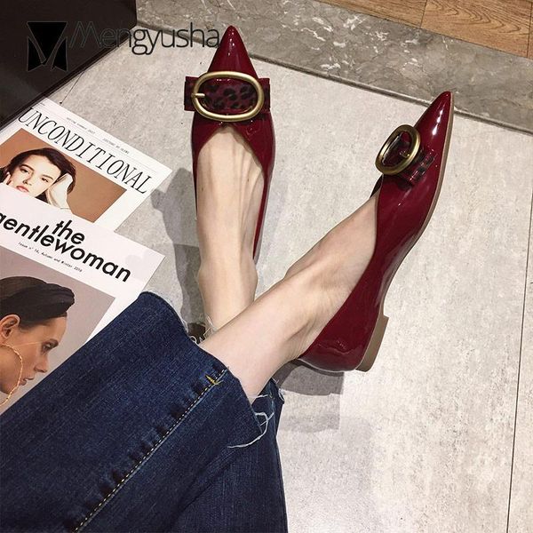 

wine red wedding shoes women shine pu leather slip on loafers leopard buckle strap moccasins brides pointed toe flats femme 2020, Black