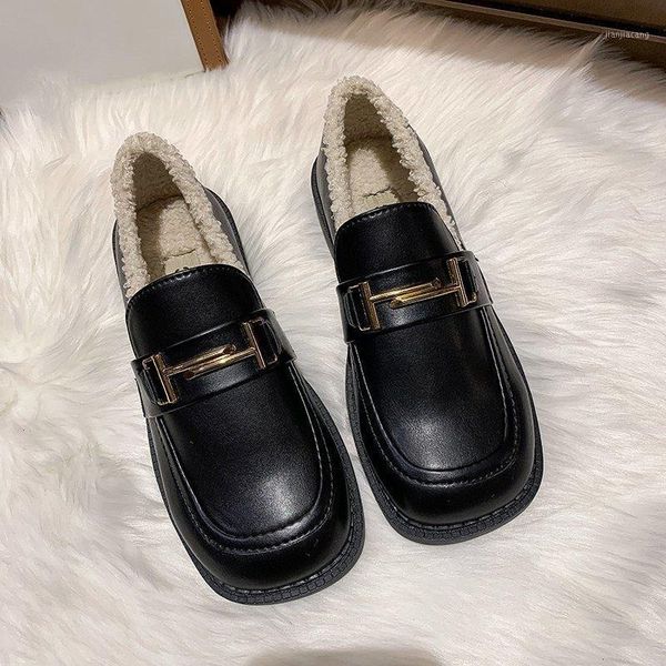 

ladies plus velvet personality small leather shoes warm and comfortable work shoes1, Black