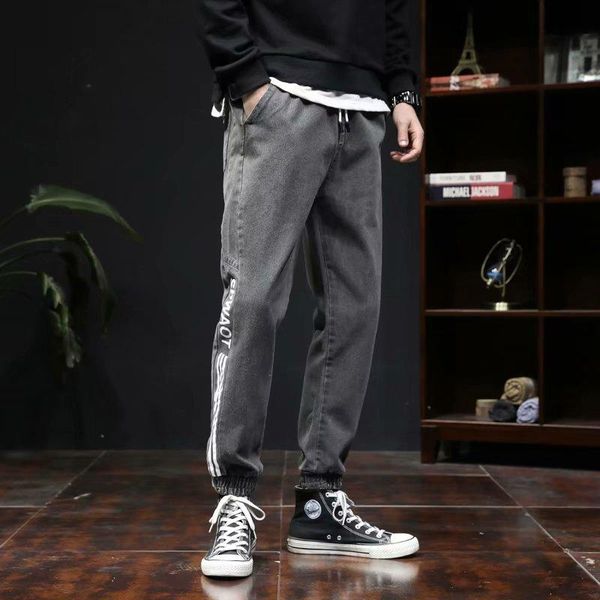 

autumn new jeans men's slim cropped pants trend versatile corset harun pants, Blue