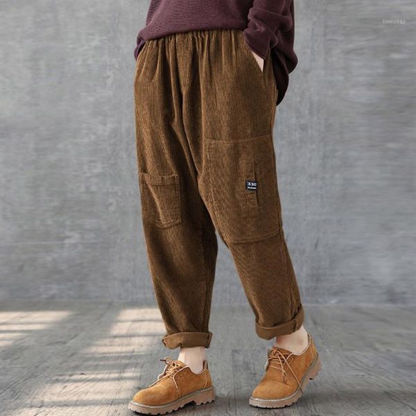

sagace pants fashion lady causal corduroy loose multi-pocket pants stretch waistline large size trousers streetwear #451, Black;white