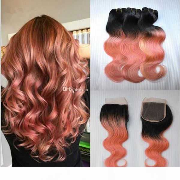 

quality bundles 1b rose gold human hair bundles with lace closure ombre hair with lace closure rose gold brazilian virgin hair with closure, Black;brown