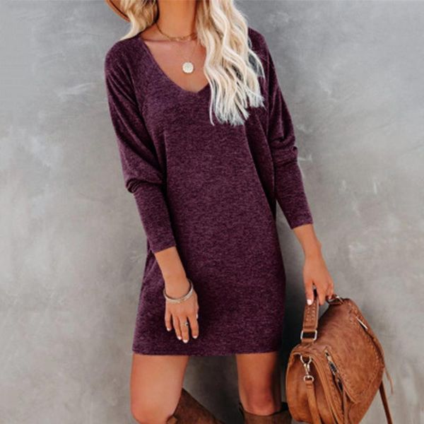 

mini dress party club women knitted dress loose long sleeve autumn v-neck pullover drsses fashion pure color vestidos, Black;gray