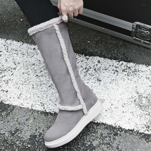 

women knee high boots low heels wedges shoes woman pu leather winter snow warm shoe chaussures femme zapatos mujer sapato d2329, Black