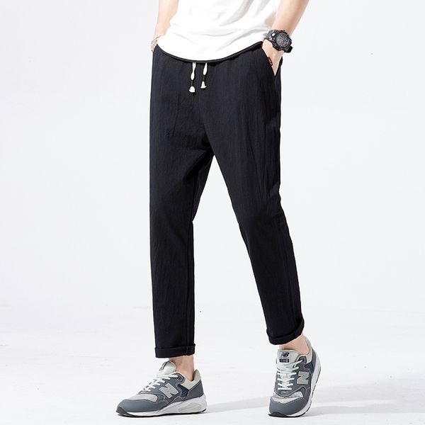 

casual loose large size leggings men's small foot sports cotton hemp capris harlan pants, Black