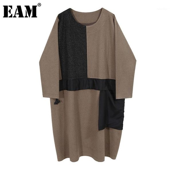 

eam] women khaki pocket knitting big size dress new round neck long sleeve loose fit fashion tide spring autumn 2020 1da2401, Black;gray