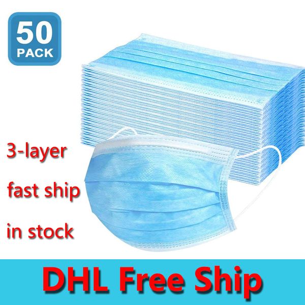 

dhl disposable 50pcs protection and personal health mask 3-layer facial cover with earloop mouth face sanitary masks