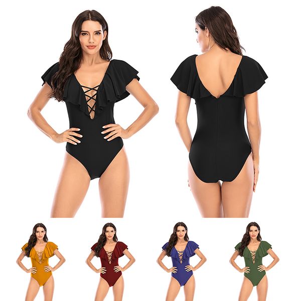 

2021 swimwear ruffled v-neck solid color high waist tight-fitting one-piece swimsuit european and american backless strappy swimsuit