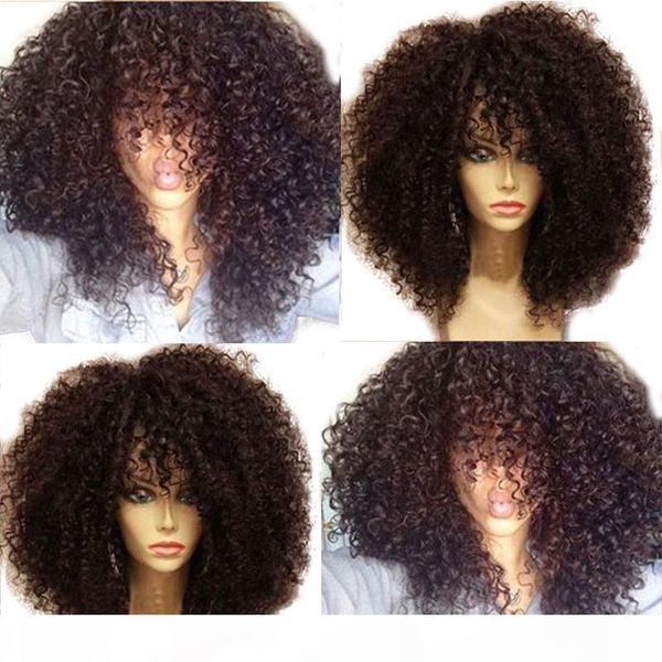 

250 density kinky curly lace front human hair wigs with baby hair pre plucked brazilian remy hair fringe wig full lace wigs, Black;brown