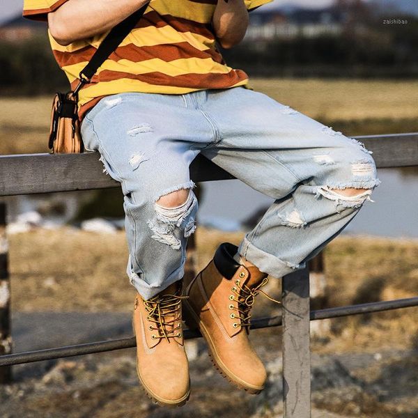 

men vintage broken hole loose straight jeans male streetwear hip hop ankle-length denim beggar pants trousers1, Blue