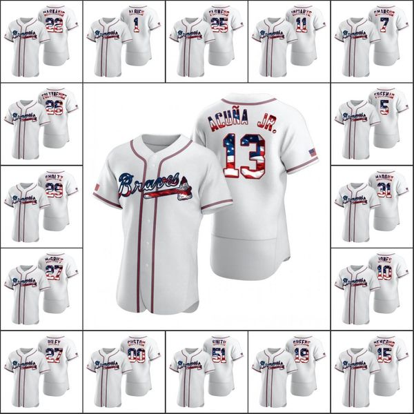 

2020 stars & stripes 4th atlantabraves men #7 dansby swanson 5 freddie an 13 ronald acuna jr. custom women youth white baseball jersey, Blue;black