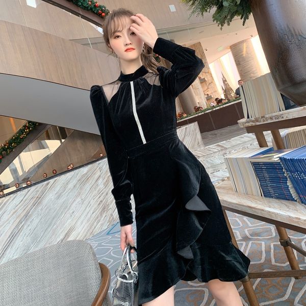 

women's banquet evening 2020 women's evening dress mesh stitching slim flounced dress 3734 amrbg, Black;gray