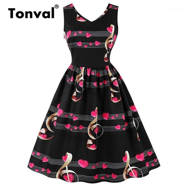 

tonval musical notes print black dress cute pin up girls a line women dresses vintage sleeveless casual dress1, Black;gray