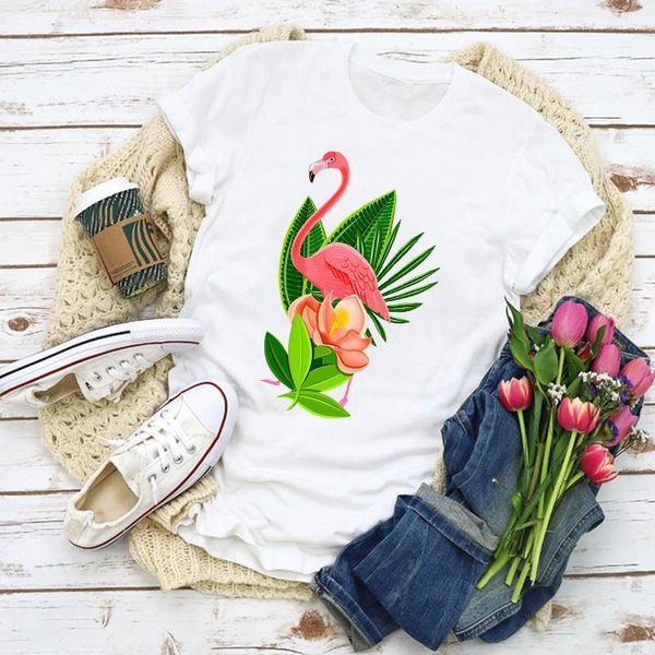 

women graphic cartoon flamingo beach flower print lady summer t-shirt shirt lady clothes womens clothing tee female t shirt, White
