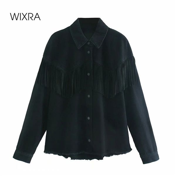 

wixra womens tassel denim jackets black turn-down collar solid single breasted coat streetwear autumn spring