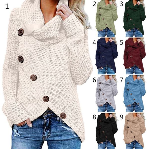 

2021 new women winter autumn sleeve pullover high collar oblique mesh buttons irregular sweater hem 1pmo, White;black