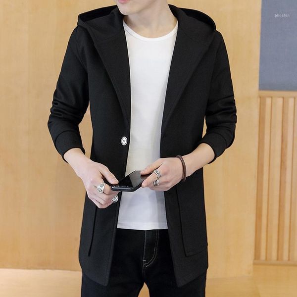 

men trench autumn size -5xl male slim hooded jacket single breasted polyester windbreake slim solid long coat black grey1, Tan;black