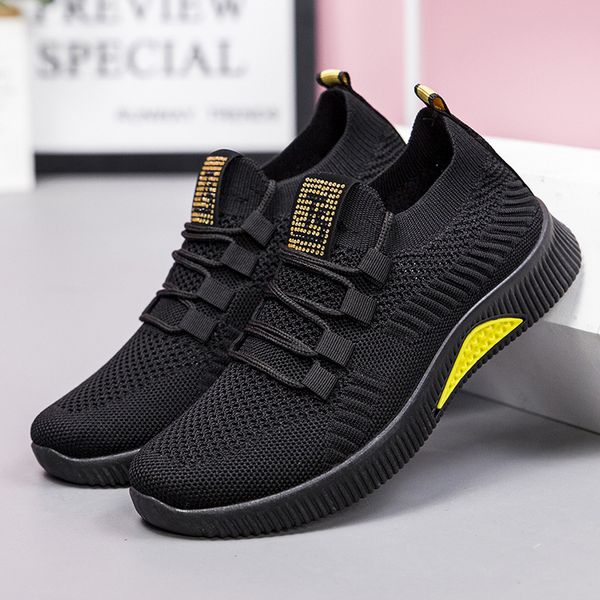 

women lightweight breathable sneakers flying woven casual socks shoes mesh running shoes zapatillas de hombre, Black