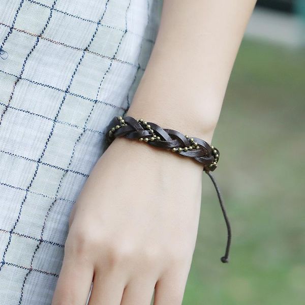 

tennis handmade braided rope leather bracelets for men women jewelry vintage punk wrap adjustable wristband, Golden;silver