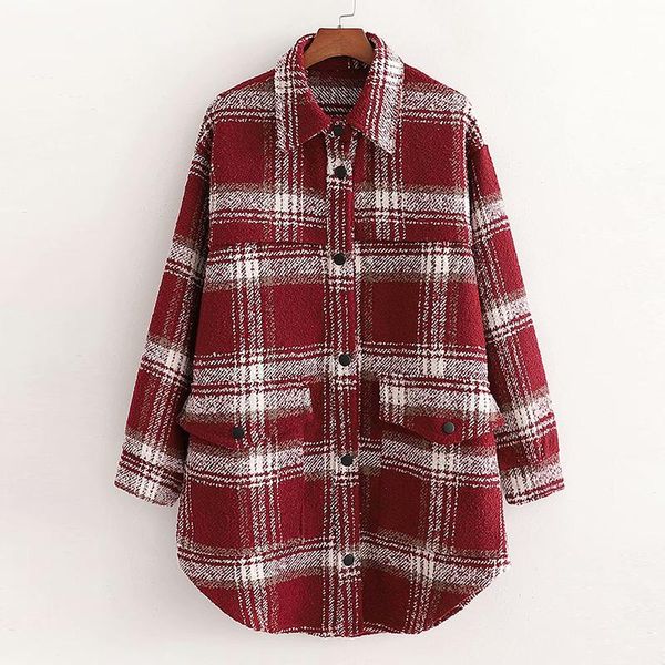 

women's wool & blends women winter overcoat plaid printed single-breasted bandage woolen coat cardigan loose with pocket turn down coll, Black