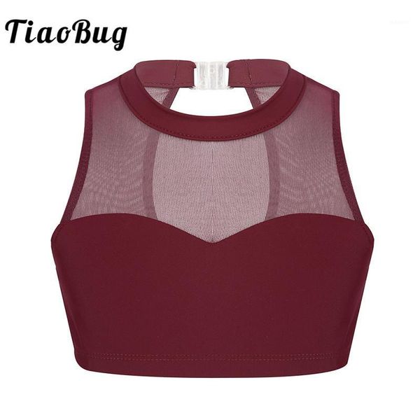 

tiaobug kids teens heart shape mesh splice sports dance bra children girls gymnastics ballet crop stage dance costume1, Black;red