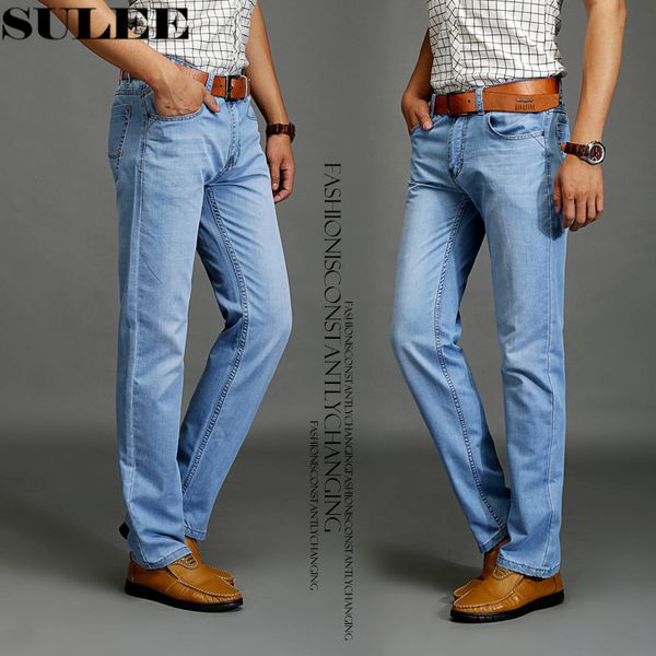 

sulee brand new fashion men's casual thin and lightweight skinny jeans trousers tight pants solid colors 201117, Blue