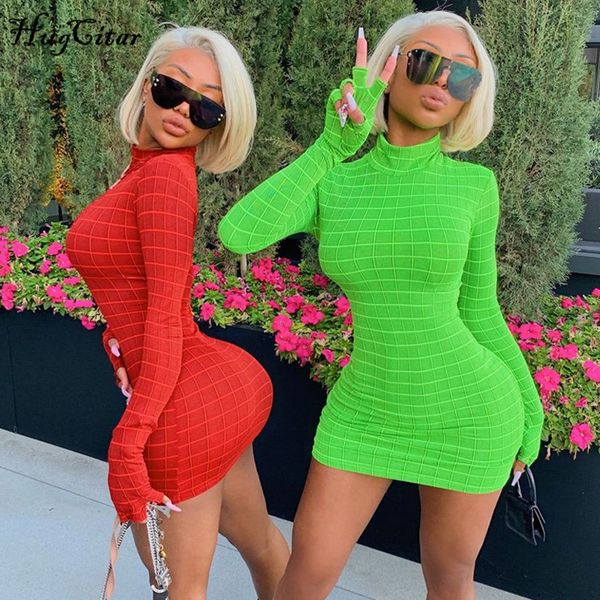 

hugcitar long sleeve with gloves mini dress autumn winter women plaid high neck party club streetwear dresses y200120, White;black