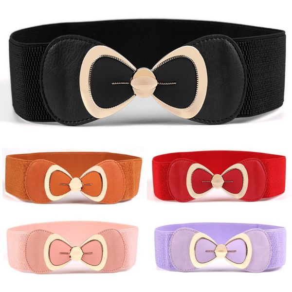 

women ladies metal bow buckle stretchy belt modish faux leather waist band bltyn0007, Black;brown