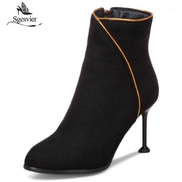 

boots sgesvier women's flock ankle thin high heel pointed toe fall winter ladies shoes woman plus size 31-50 ox4881, Black