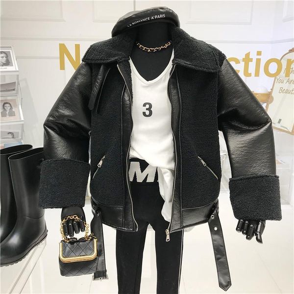 

niche design autumn/winter 2021 the new korean version of loose thick collar locomotive fur integrated lamb fur leather jacket1, Black