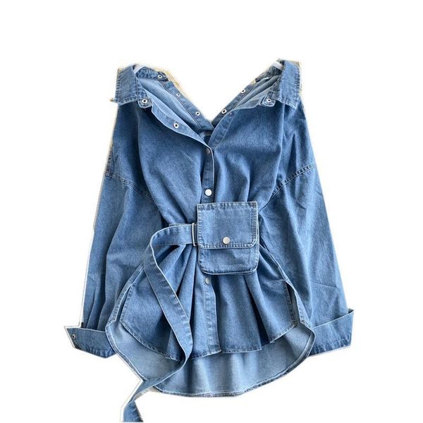 

new fashion women denim blouse long sleeve turn down shirts with belt bag regular female fashion casual blouse, White