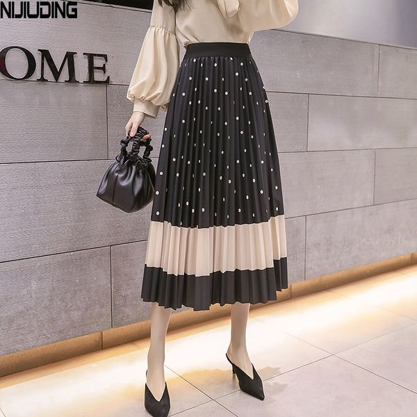

spring summer new fashion printed pleated skirt female tide long section elastic waist skirt big swing mid-length skirts 201109, Black