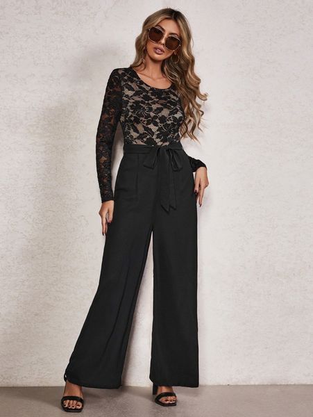 

guipure lace insert belted wide leg jumpsuit r6h4#, White