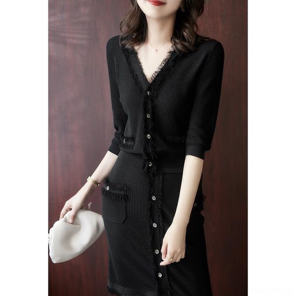 

3viva xiaohange temperament cracking small fragrance double curved style fashion thin western tassel two-piece knitted xiaohe yarn temperame, Gray