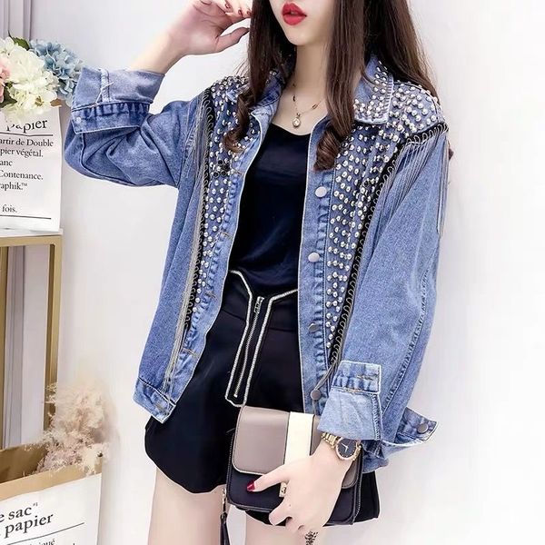 

2020 rivet tassel chain short coats woman loose black coats long sleeve vintage outerwear spring autumn denim jacket coat women, Black;brown
