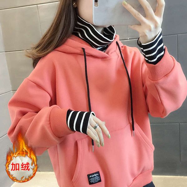 

fake two pieces of high collar and plush sweater women's clothing 2020 new autumn / winter korean loose foreign style thickened coat to, Black
