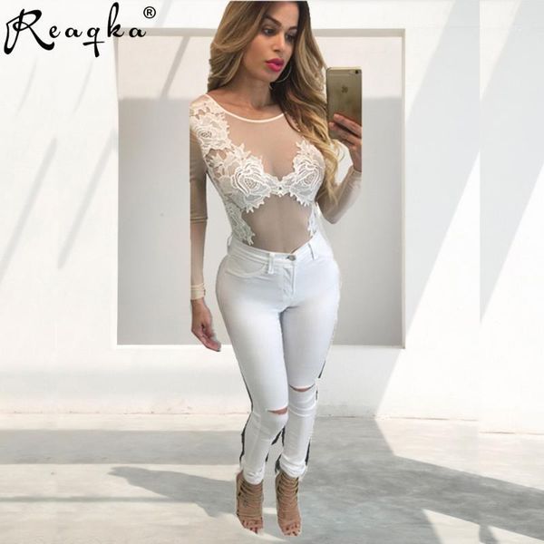 

reaqka women embroidery jumpsuit 2020 black white o neck long sleeve skinny bodysuit lace backless playsuits wholesale xl1