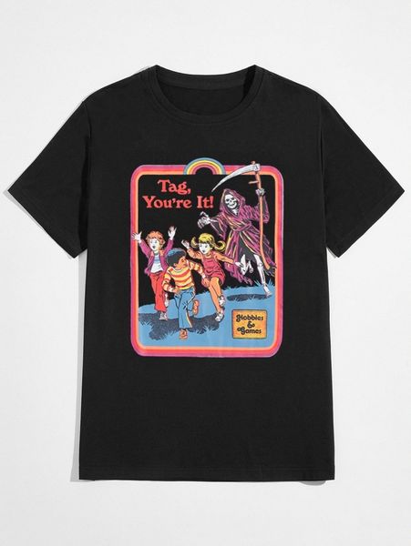 

romwe x stevenrhodes letter skull & figure graphic tee e6re#, White;black