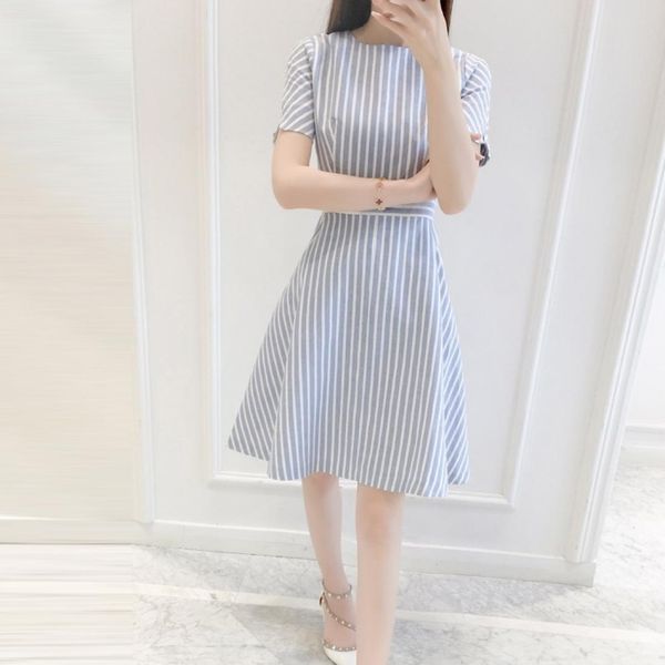 

mid-length striped texture a-line dress, Black;pink