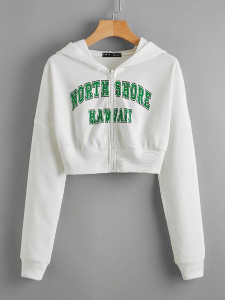 

zip up drop shoulder letter graphic crop hoodie j7hp#, White;black